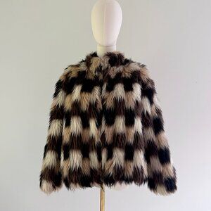 Vintage 1970s Faux Fur Multi Colored Patchwork Fox Mongolian Fur Cropped Bomber